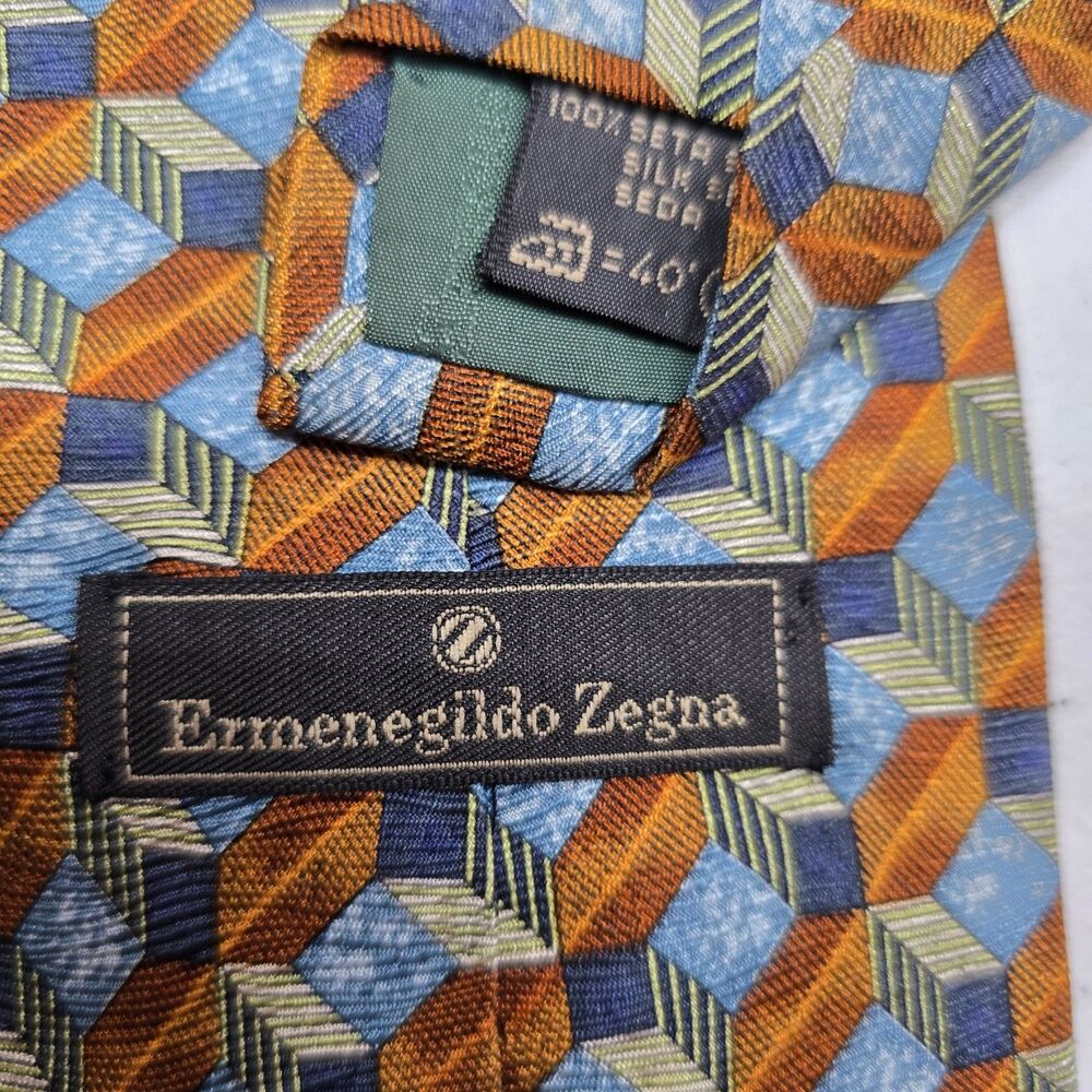 Ermenegildo Zegna Mens Neck Tie Geometric Windowpane Blue Brown Gold 100% Silk